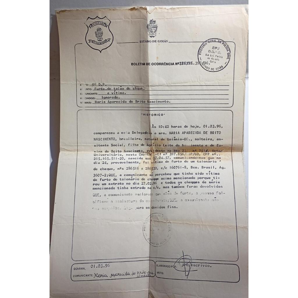 Documento Boletim de Ocorrência Polícia Civil Goiás 1996 Furto Talão de Cheque Goiânia