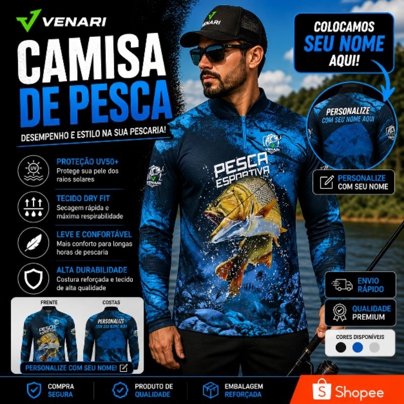 Camisa Pesca Peixe Dourado Camiseta Proteção Uv50 Pescaria Camiseta Manga longa pesca com seu nome impresso