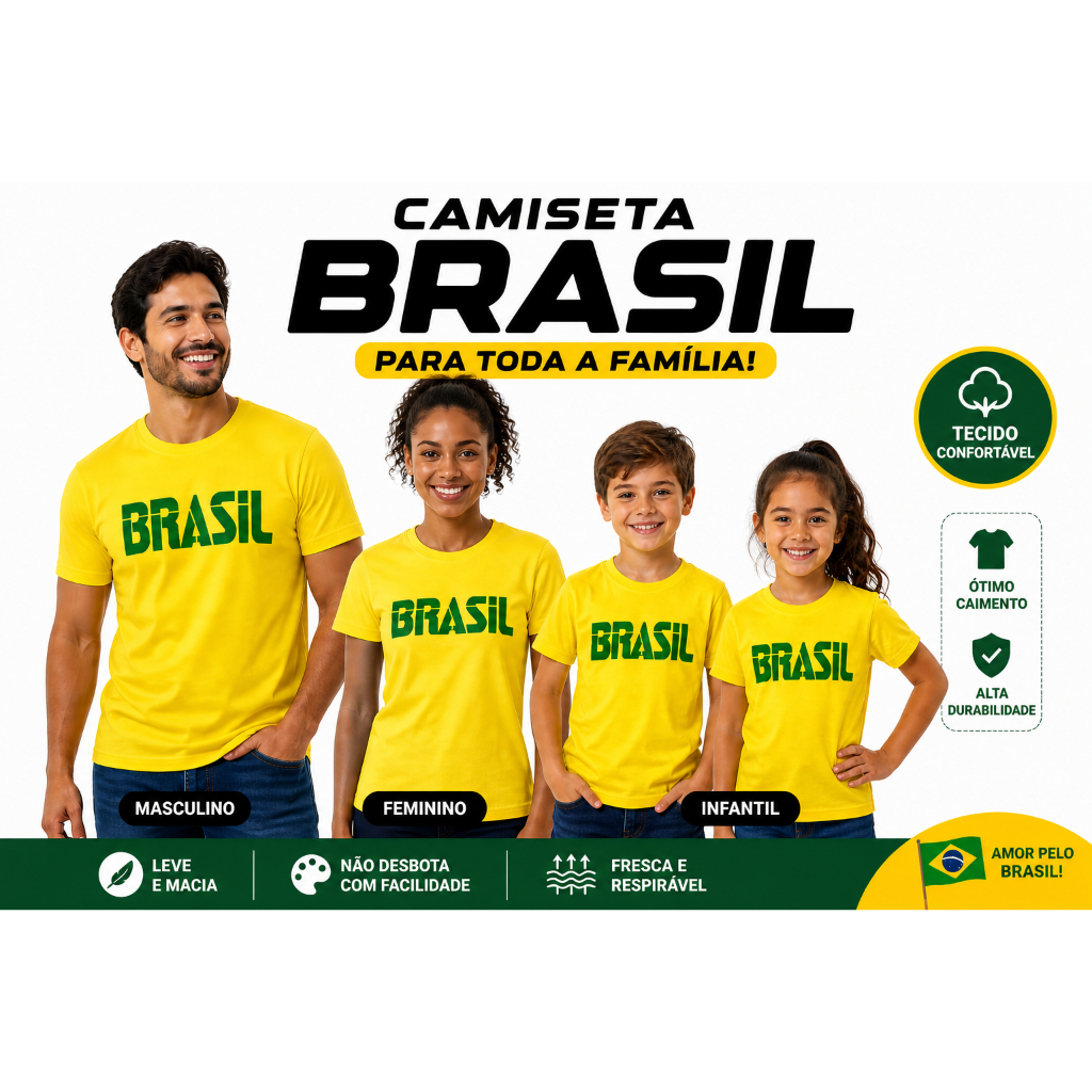 Camiseta Brasil Masculina Feminina Infantil Amarela Estampa Brasil Casual Algodão Confortável