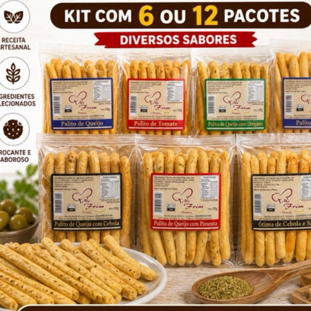 6/12pacotes de palitinhos salgadinhos temperados. biscoitos palito gourmet. 600 gramas. Veja os sabores