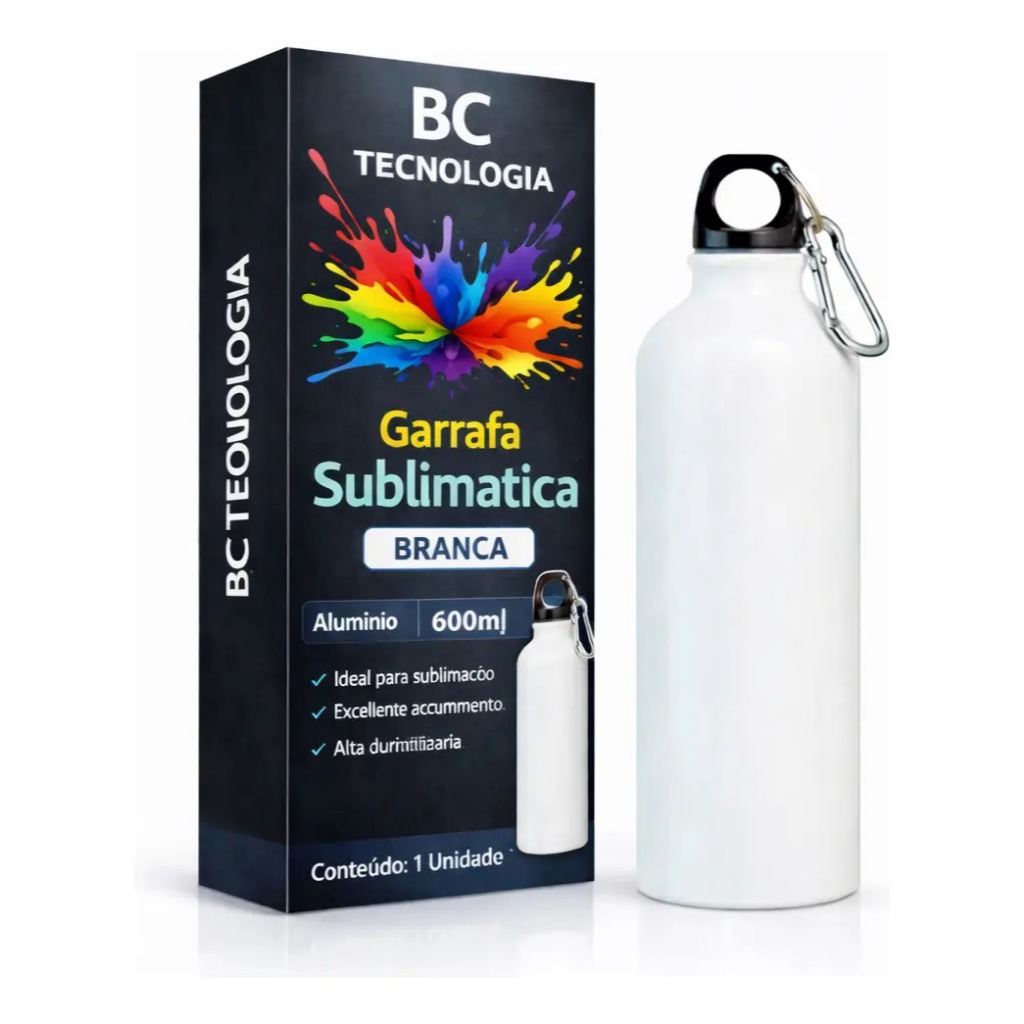 Garrafa de Alumínio Branca com Tampa Mosquetão para Sublimação Garrafinha Squeezer 600ml Orca