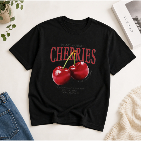 Camiseta Feminina Cherries Preta Estampada Cereja Vintage Casual Tumblr Adulto