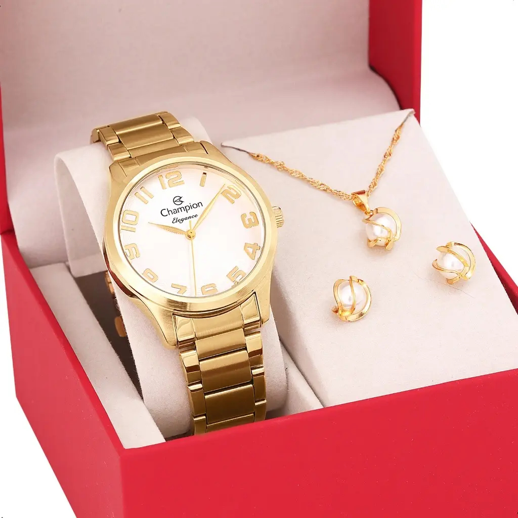 Kit Relogio Feminino com Semijoias Colar e Brincos Champion Dourado Presente Mulheres Esposa Namorada