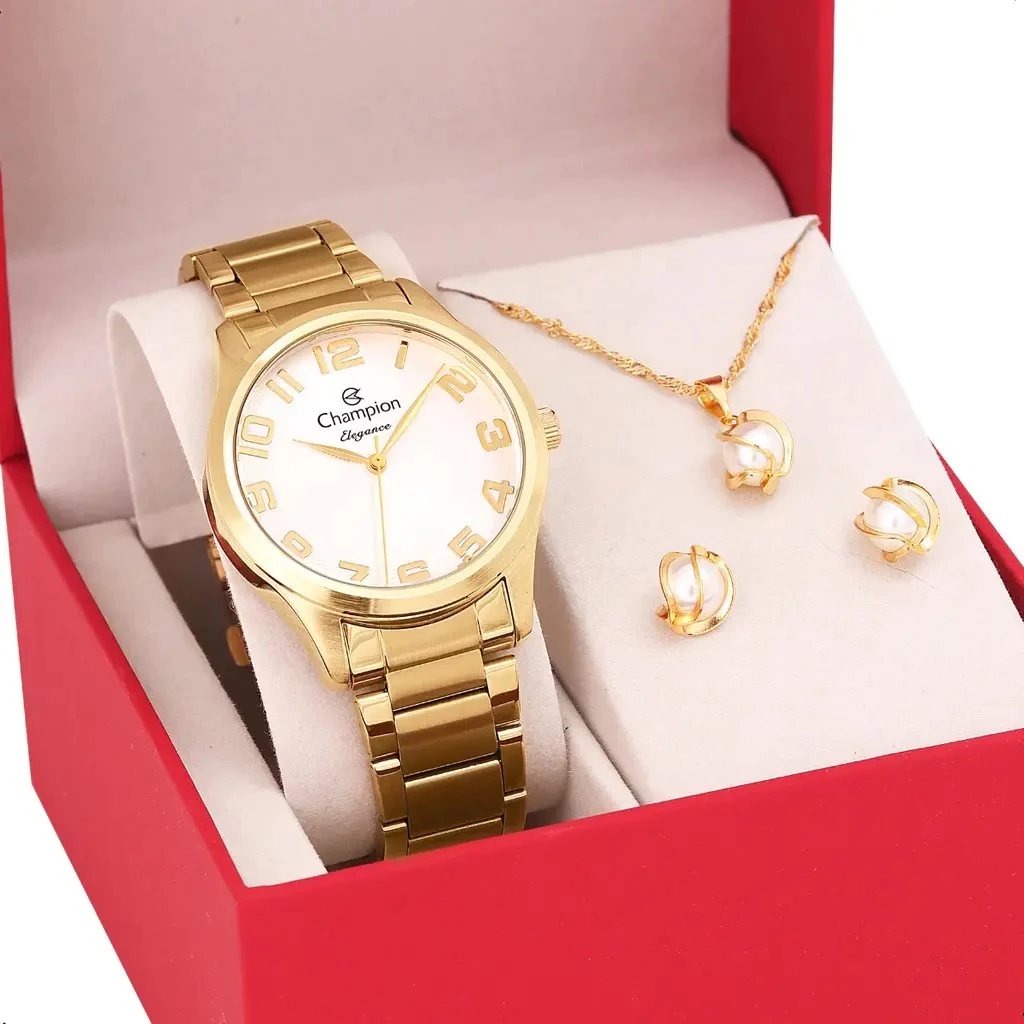 Kit Relogio Feminino com Semijoias Colar e Brincos Champion Dourado Presente Mulheres Esposa Namorada