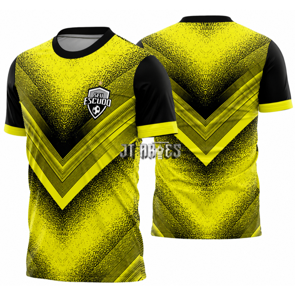 Uniforme jogador futebol amador esportivo interclasse camiseta e calção personalizavél nome número escudo AMARELO