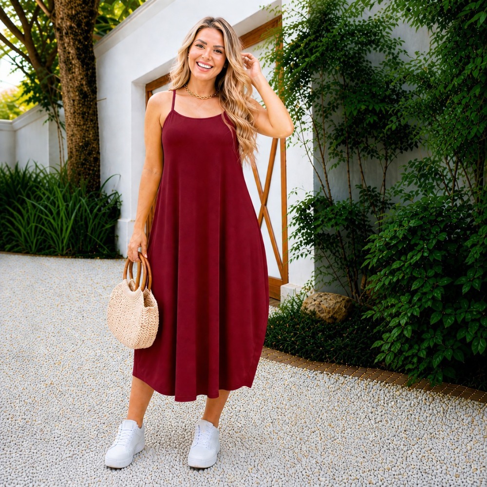 vestido alcinha longo solto roupa feminina Casual Confortável