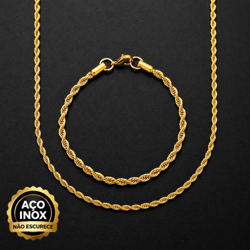 Corrente + Pulseira Fininha Aço Inox Dourado Brilhante Não Escurece Enferruja Colar Cordão