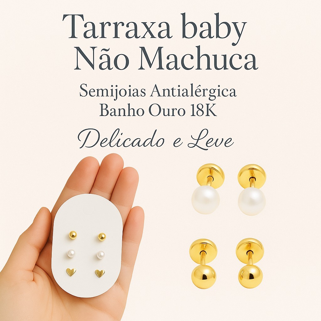 Kit Trio Brincos Bebê Ouro 18K Antialérgico Tarraxa Baby Infantil Presente Coração Pérola Bolinha