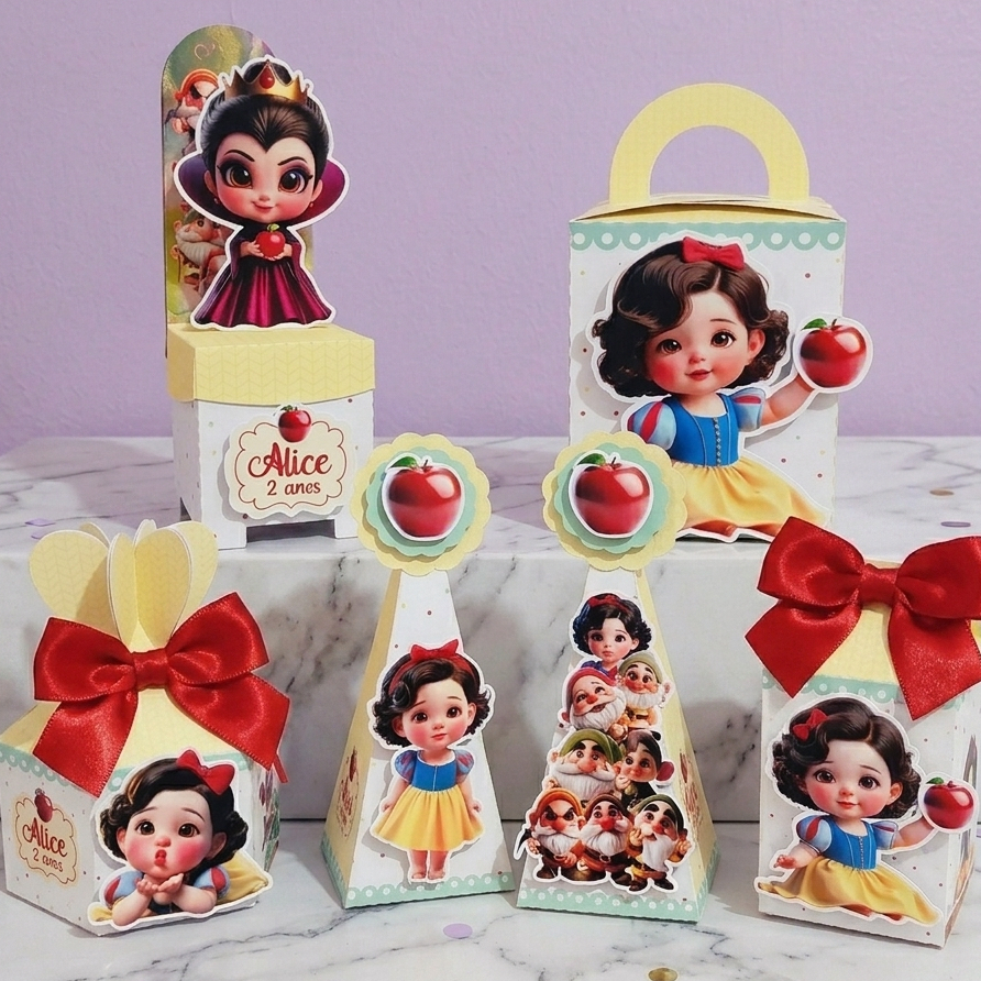 PEGUE E MONTE |Kit Festa Personalizado| BRANCA DE NEVE BABY| Caixinhas Lembrancinha para Aniversário - SEMIMONTADAS