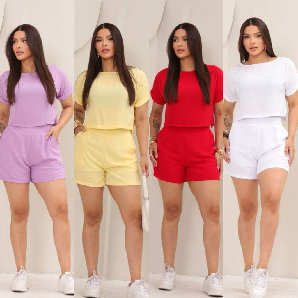 Conjunto Feminino Alfaiataria Cropped e Shorts Cintura Alta Viscolinho Elegante