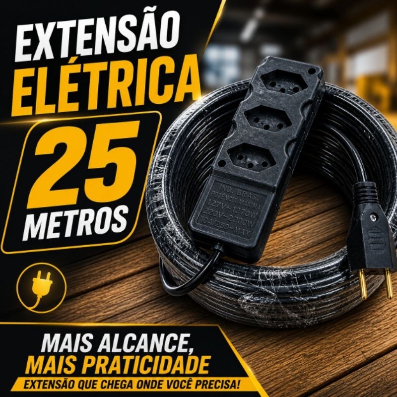 extensão 25m  cabo pp tomada em barra 3 entradas