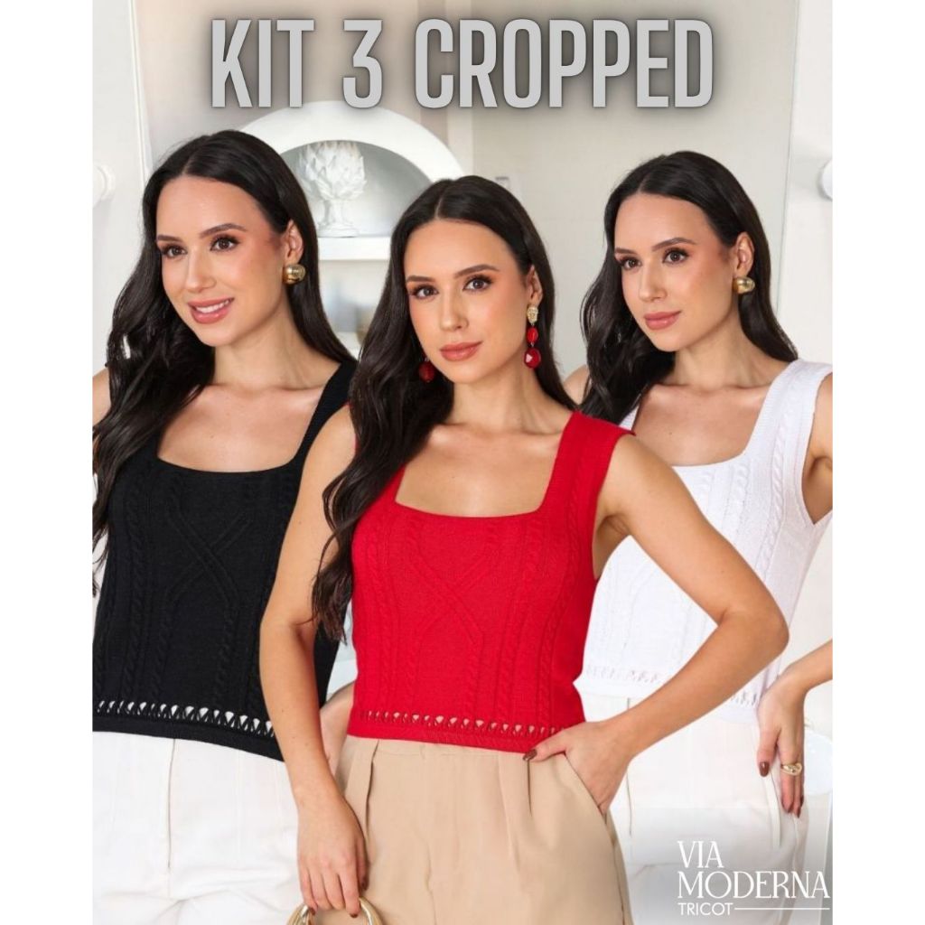 Kit 3 Cropped Feminino Tricot Blusa Regata Alça Grossa Trama Decote Quadrado Tricô Modal Moda Verão