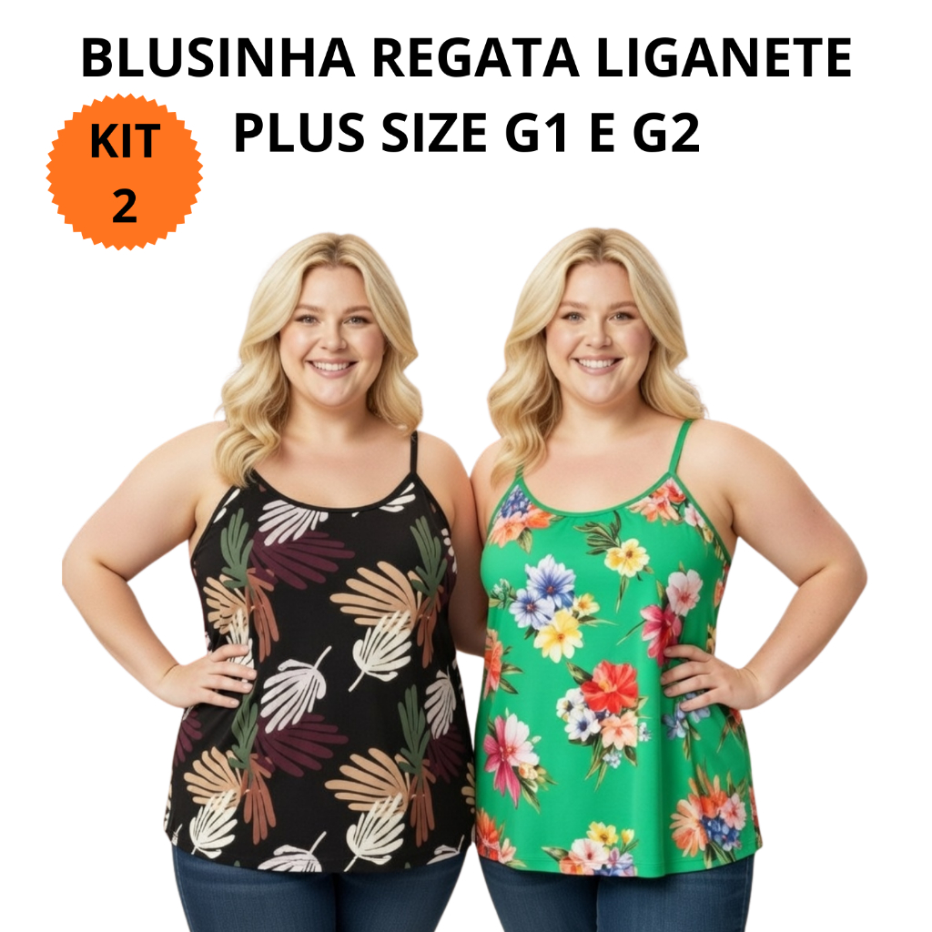 Kit 2 Blusas Alcinha Plus Size Liganete G1 E G2 Estampado Cores E Estampas Variadas Feminina Confortável E Leve