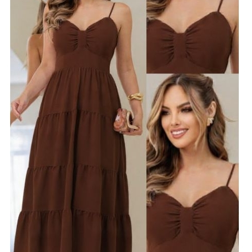Vestido Feminino Liso Midi Tecido Chiffon de Alcinha Soltinho Com Bojo Com Alça Regulagem e Elastex