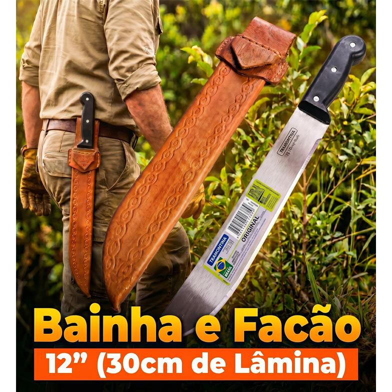 Facão Mato 12 Polegadas Tramontina Aço Carbono Cabo Plástico + Bainha couro legítimo