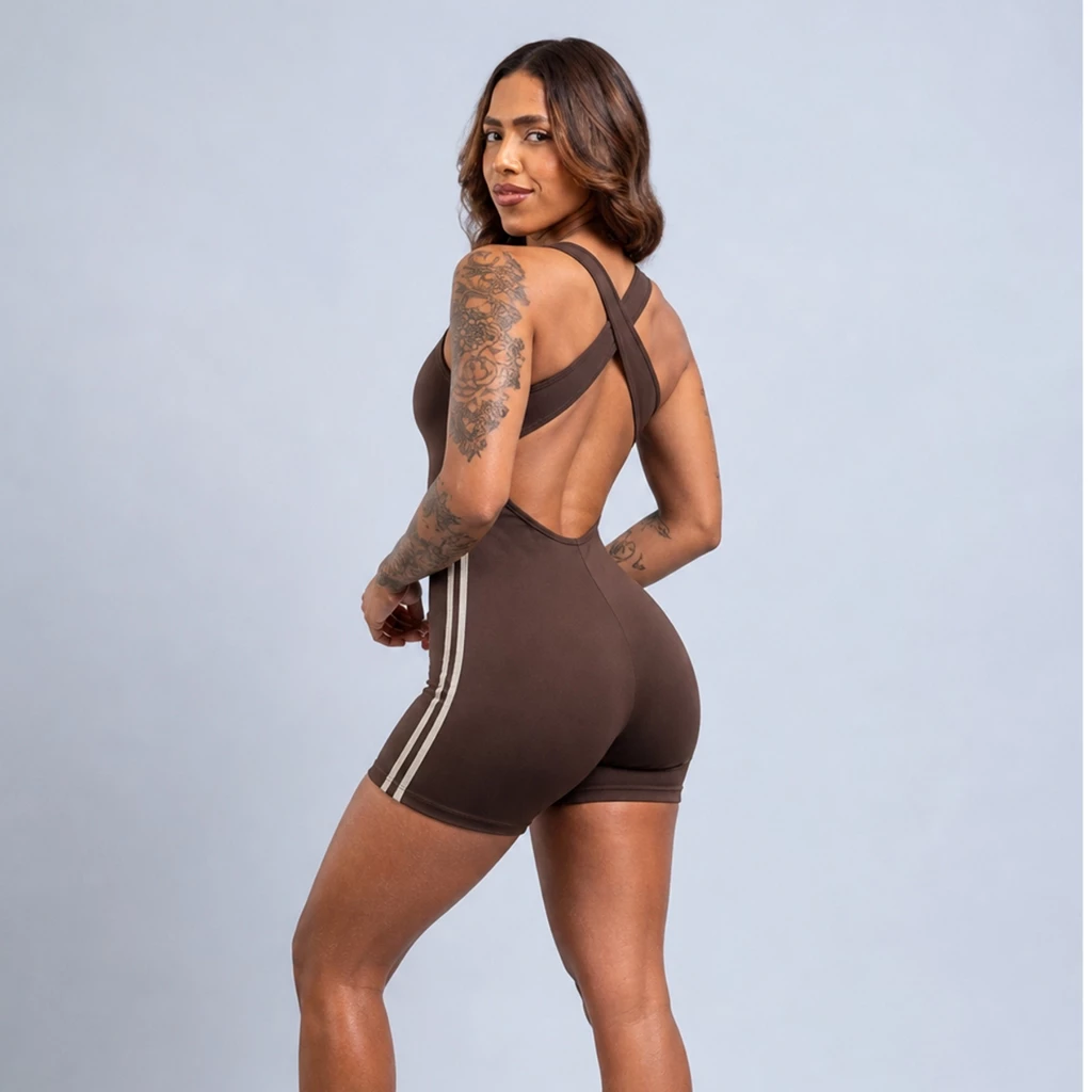 Macaquinho Iris com Listras Laterais e Costas Abertas Fitness Academia Suplex Premium — imagem 1