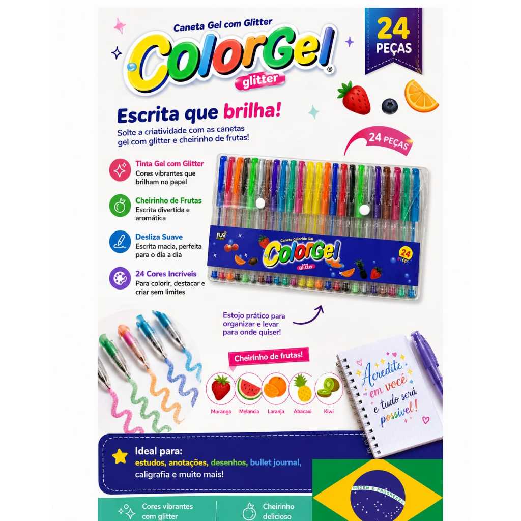 Canetinha gel Canetas Coloridas Perfumadas Glitter kit 24 cores