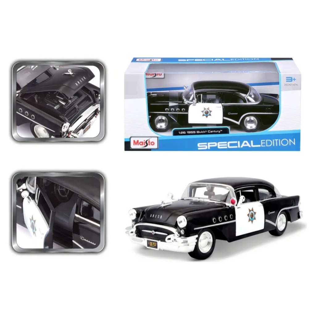 Miniatura Carro Buick Century 1955 Polícia 1:26 Maisto Cor Preto