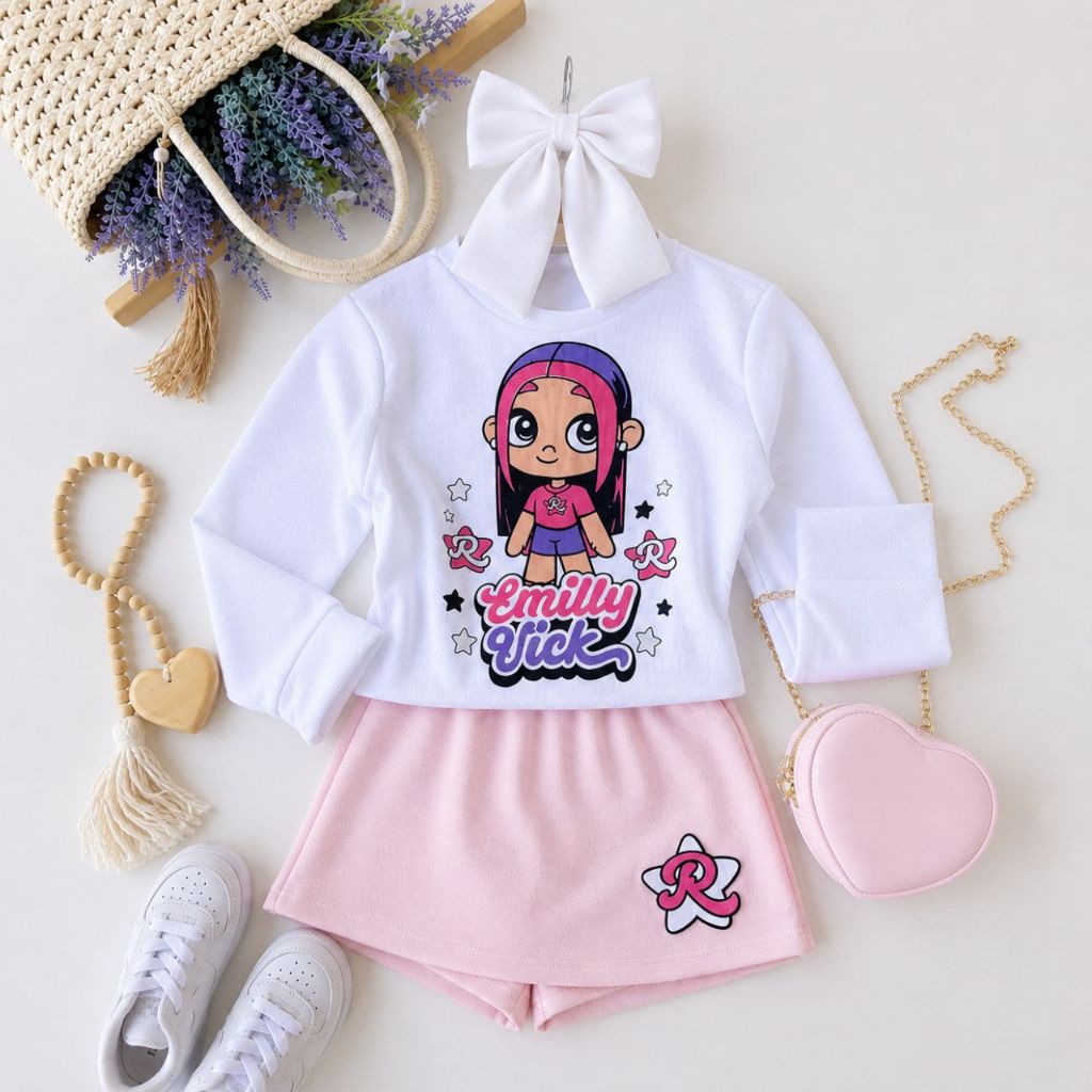 Conjunto Infantil Menina Short Saia e Blusa Manga Longa Crepe Roupa Infantil Menina Confortável Premium