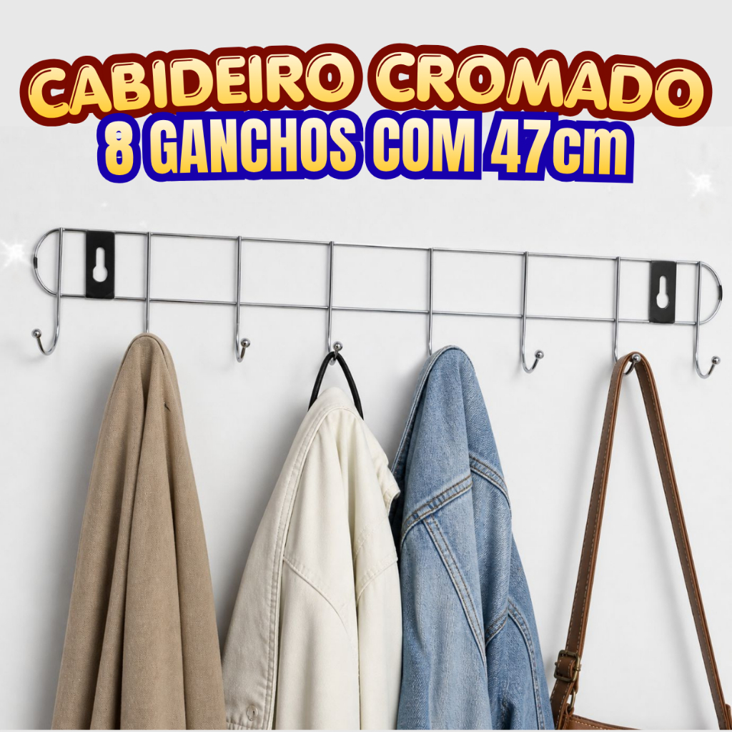Cabideiro De Parede Suporte 8 Ganchos Aço Inox Cabide Multiuso