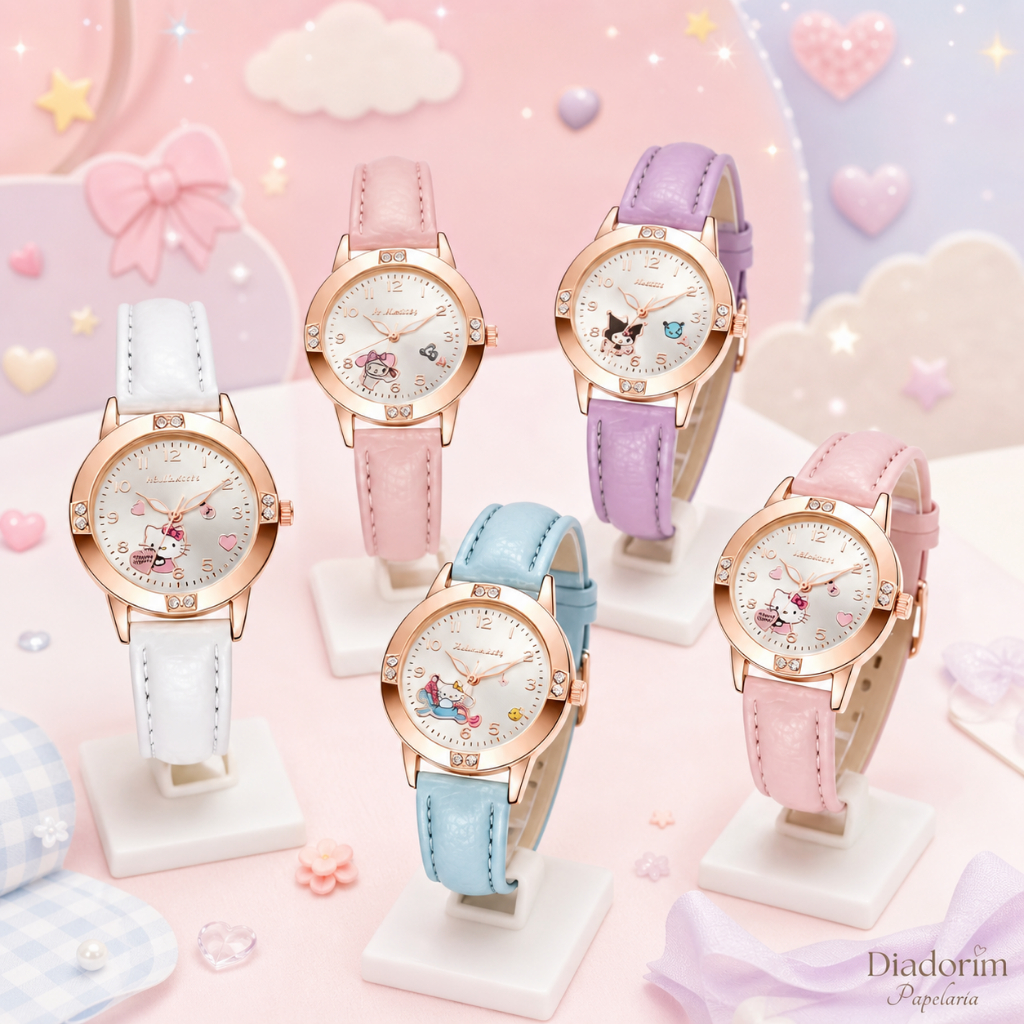 Relógio Infantil Feminino Turma da Hello Kitty em Ouro Rosé com Strass e Pulseira de Couro Sintético