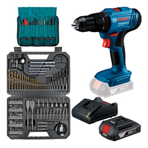 Kit Furadeira Parafusadeira Bosch GSB 183-LI + Bateria 2 Ah + Jogo 103 Brocas e Bits