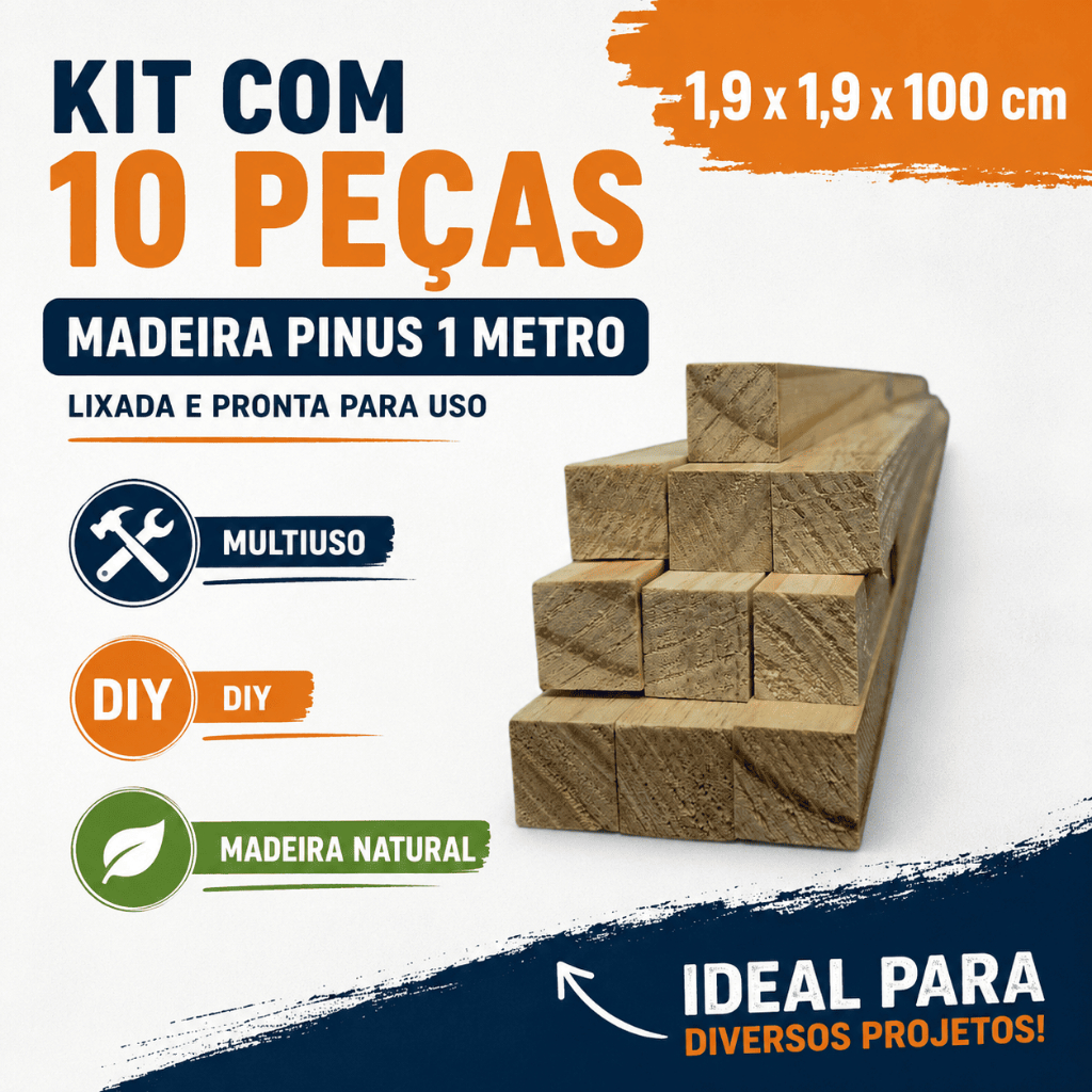 Quadrado Madeira Pinus Kit 10 Unid 1,9x1,9x100cm Artesanato Construção