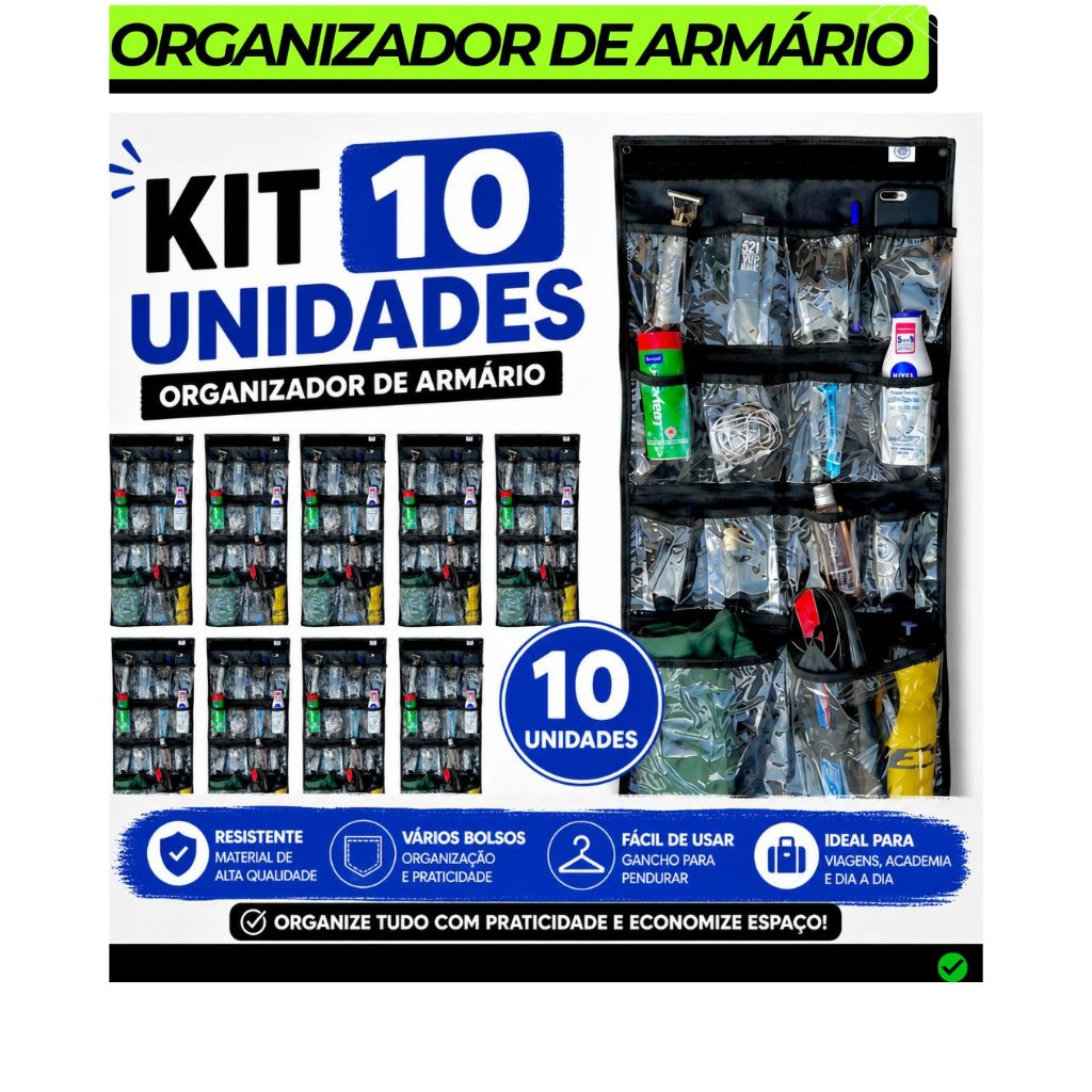 KIT 10 UNIDADES Organizador De Armário Porta Objetos De Roupeiro Otimiza Espaço + Kit para Instalação