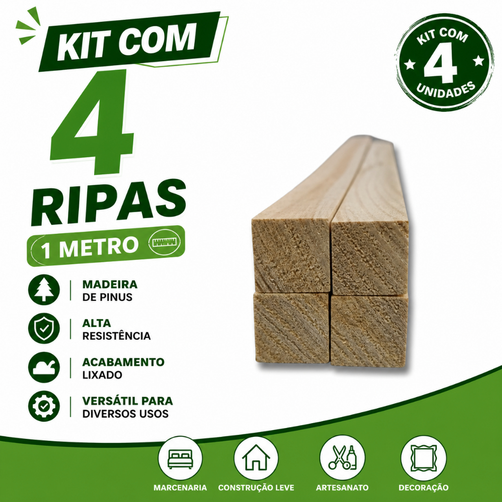 4 Quadrados de Madeira Pinus 1,9x1,9x100cm Artesanato Construção