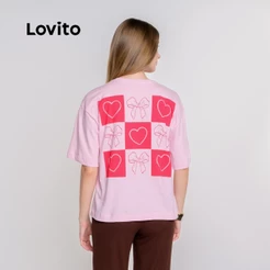 Lovito Camiseta Casual Feminina Oversized com Bordado e Estampa Moda Feminina TSB17861816