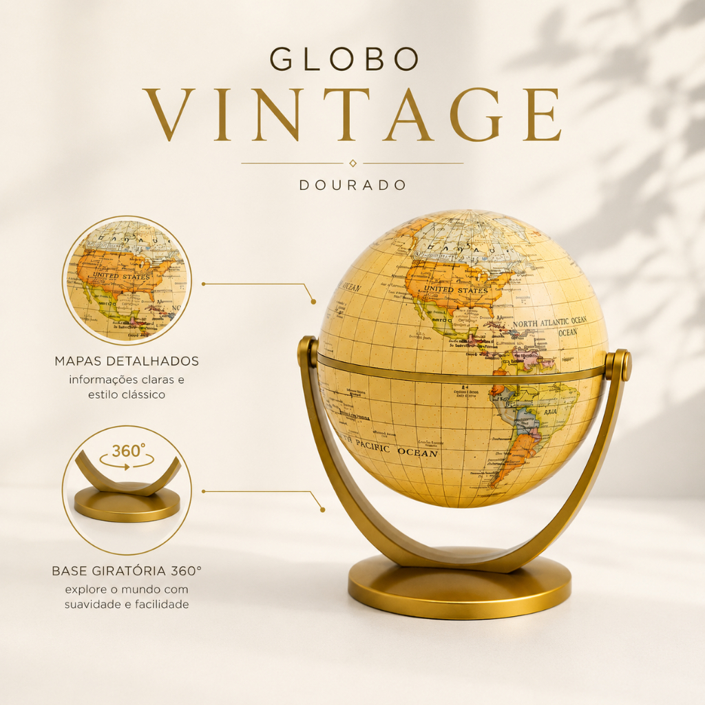 Globo Terrestre Giratório 360° de Mesa Dourado Vintage – Mapa Mundi Decorativo para Quarto, Sala e Escritório.