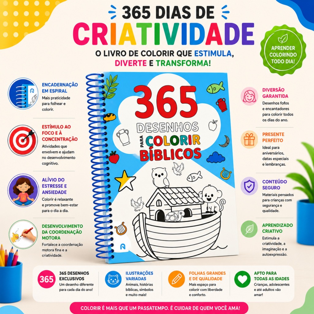 365 Desenhos Bíblicos para Colorir Espiral Livros Bíblicos Infantis Educação Cristã para Crianças