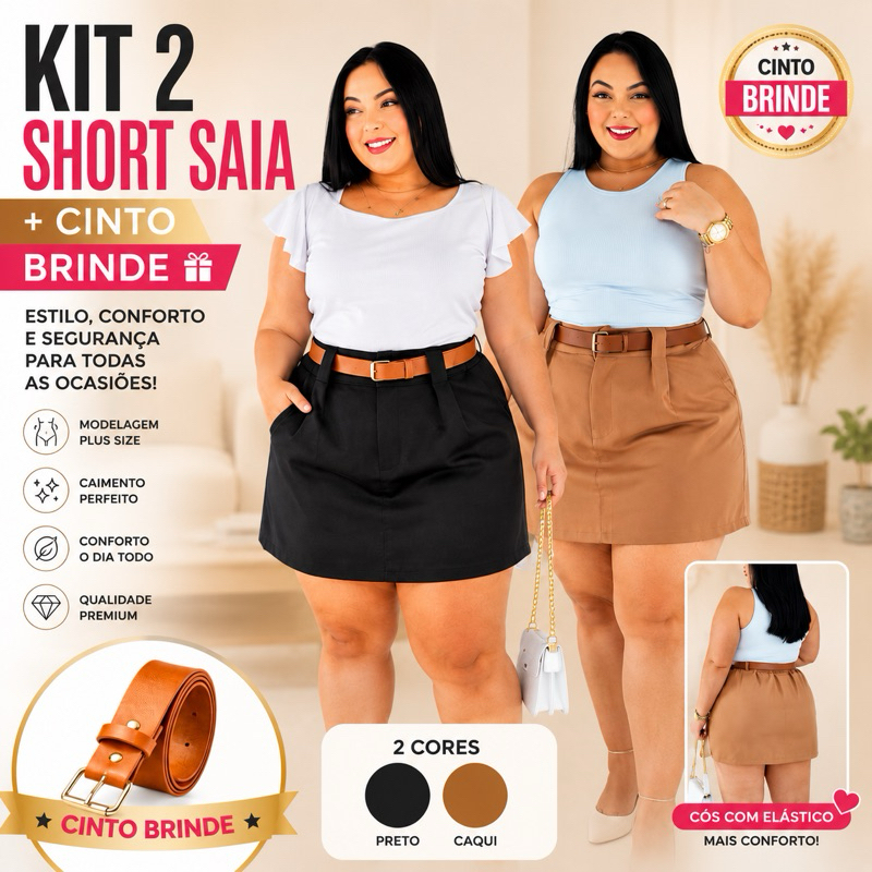 Kit 2 Short Saia Plus Size Alfaiataria Com Cinto Casual