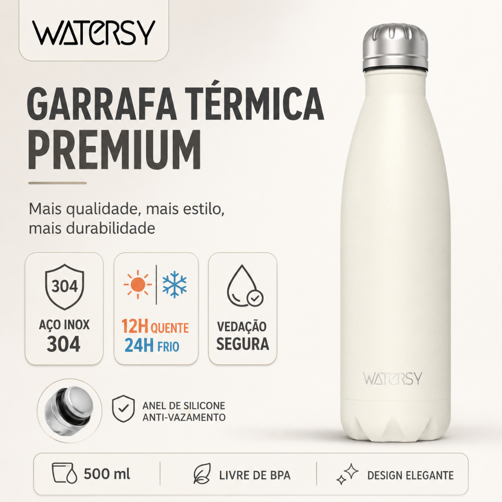 WATERSY Garrafa térmica em aço inoxidável 304 500ml Academia Garrafa térmica Copo de água Aço Inox Garrafa Portátil
