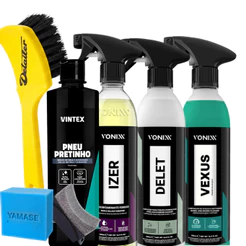 Kit Limpeza de Rodas e Pneus Vonixx Delet + Vexus + Izer + Pneu Pretinho e Escova Pneu