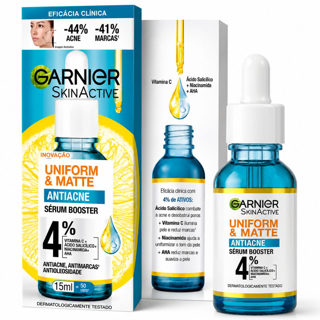 Sérum Booster Antiacne Garnier Uniform Matte Reduz Marcas com Vitamina C e Ácido Salicilico Renova a Pele