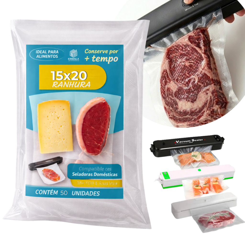 Kit Com Sacos 15X20 Plastico Ranhurada Embalagem Transparente Gofrada Para Seladora A Vacuo Domestica
