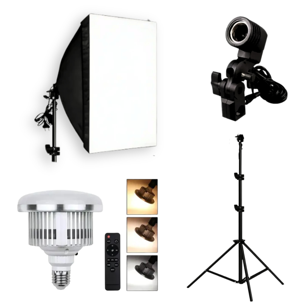 Kit Softbox Tripé de 2m + Lâmpada + Box Iluminação de Estúdio Fotografia Luz Quente e Fria