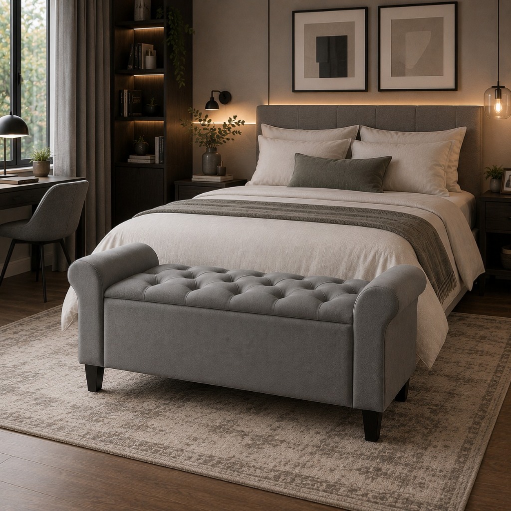 Recamier Baú 120 cm Com Braços Com Baú Calçadeira para Quarto Casal Capitonê Suede