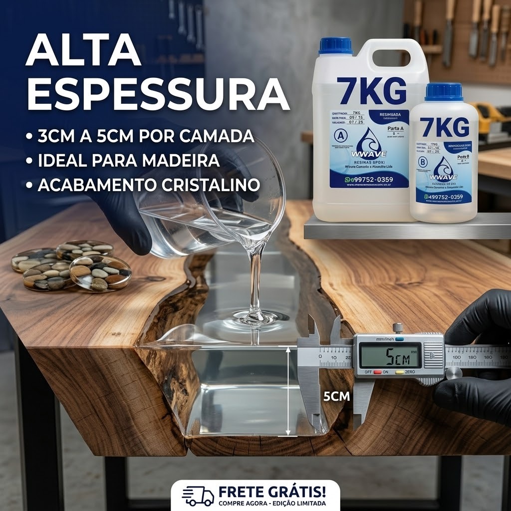 Resina Epóxi Transparente Alta Espessura 7kg para Madeira, Artesanato, Mesas e Moldes