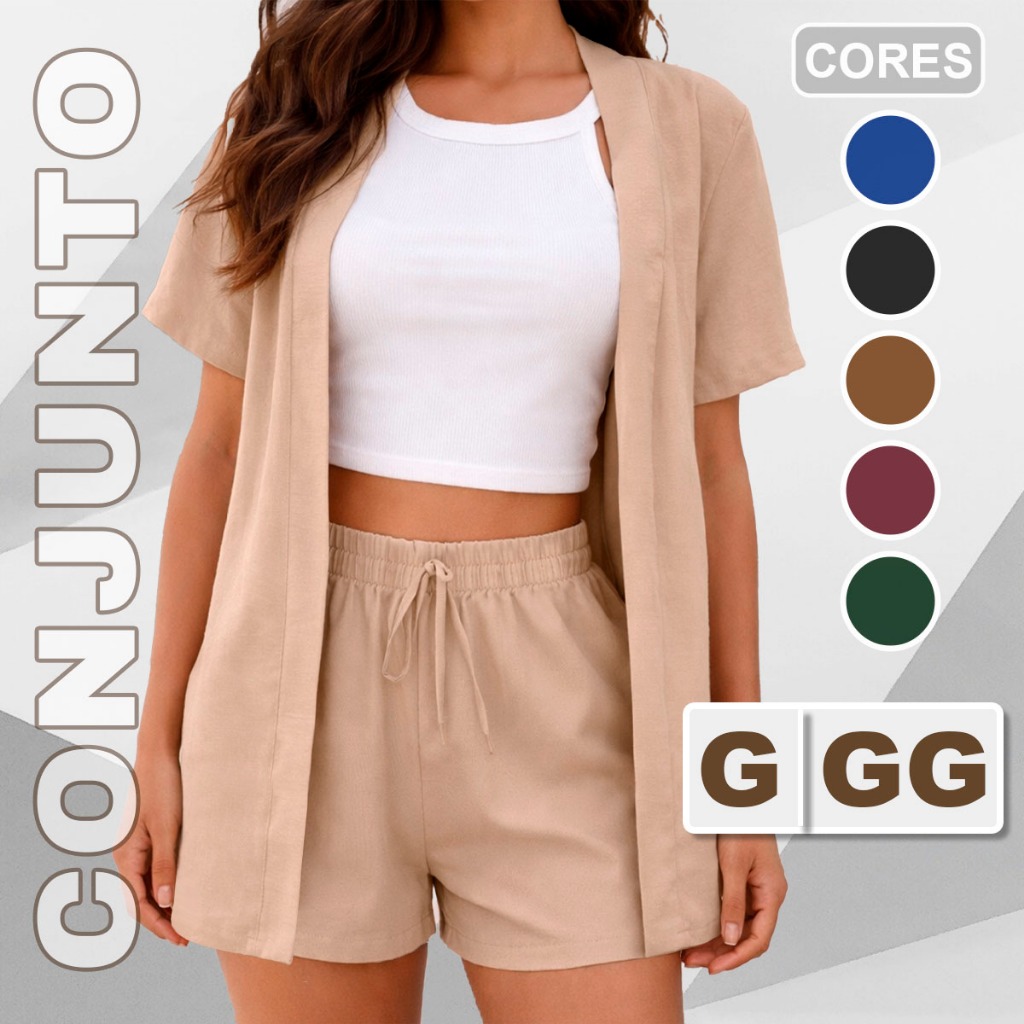 Conjunto Feminino | Kimono + Short, 2 Peças | Manga Curta, Look Elegante Casual Moda 2026