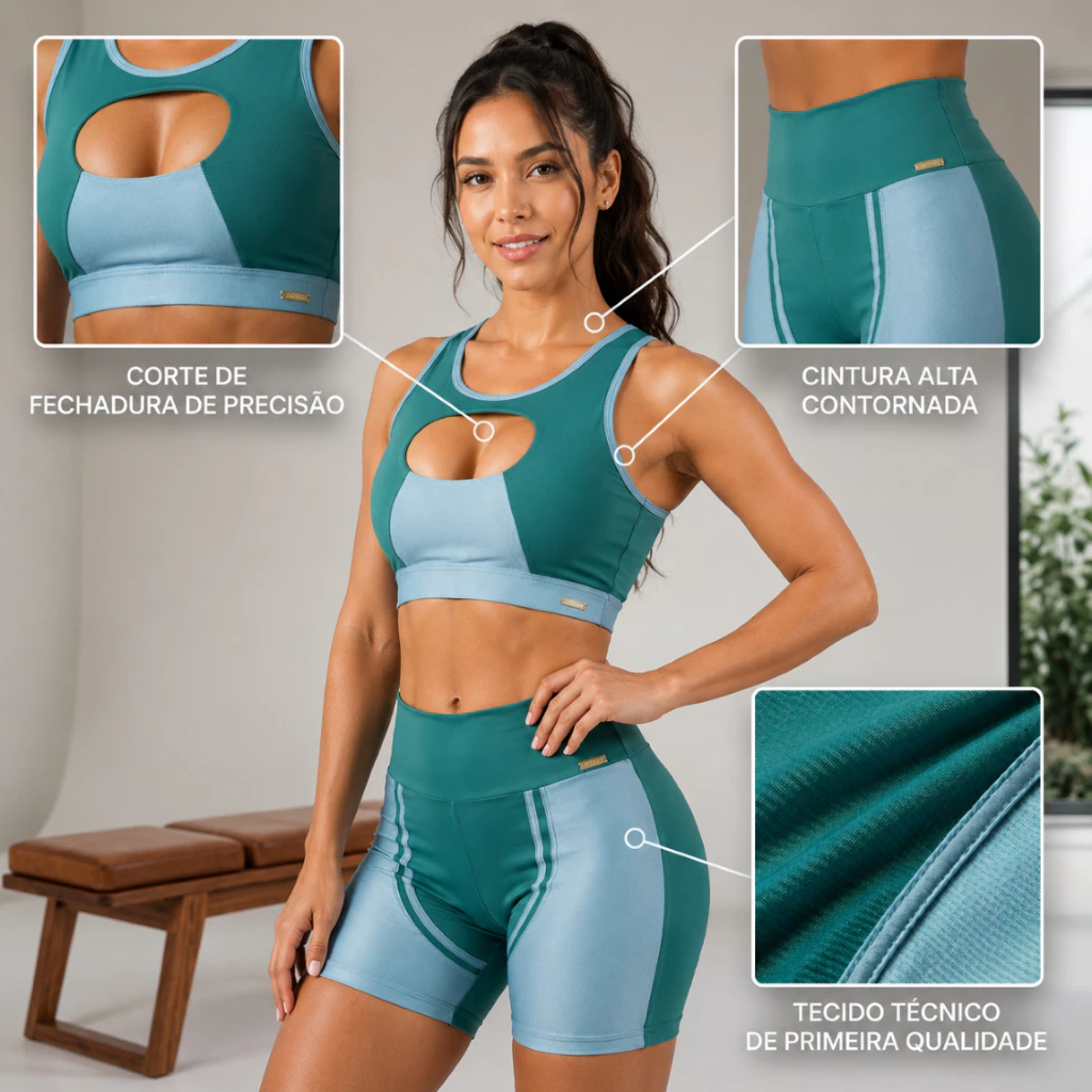 Conjunto Fitness Feminino Top e Short Cós Alto Alta Compressão Modelador Sem Transparência — imagem 1