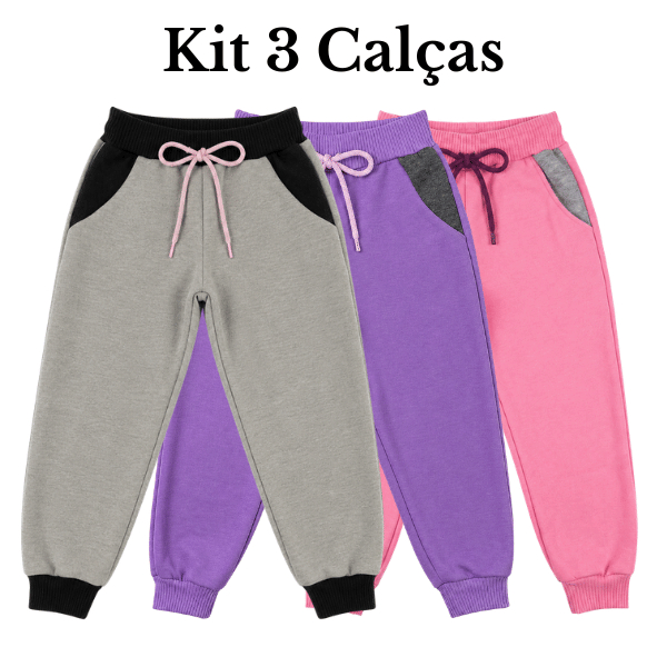 Kit 3 Calças Moletinho Infantil Menina Escola Dia a Dia Confortável Meia Estação