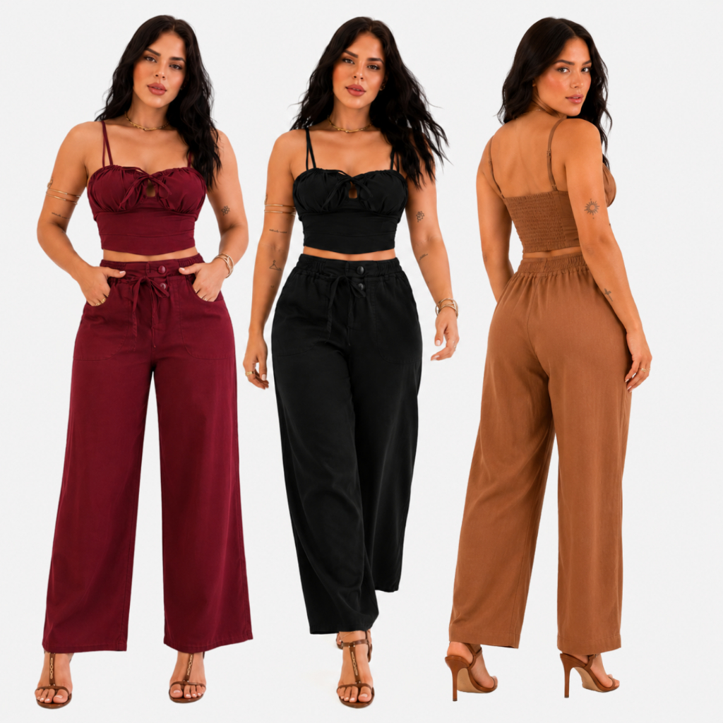Conjunto Calça Pantalona com Cropped Feminino Alcinha Cintura Alta Super Confortavel - Promoção !