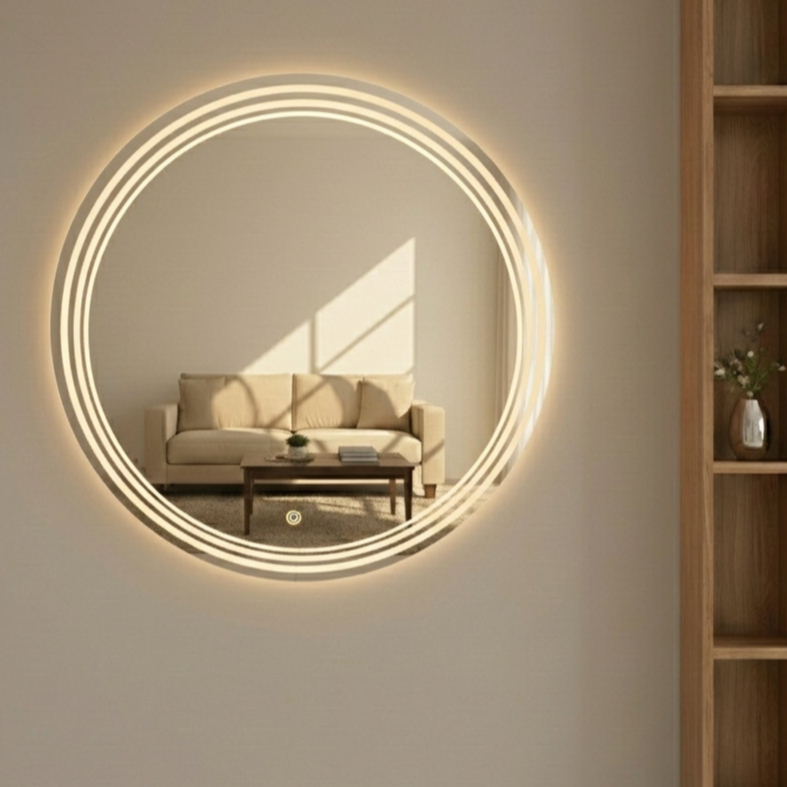 Espelho REDONDO JATEADO 3 Circulos 3 Tons de Led Botão Touch Decorativo Camarim