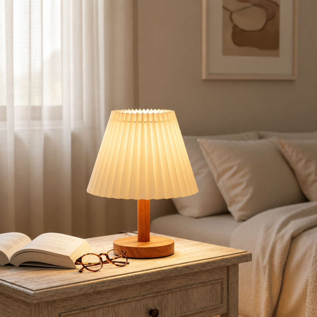 Abajur de Mesa Para Descanso Leitura Pequeno Luz Noturna Cúpula Tecido Bege Base Madeira Nitrolux