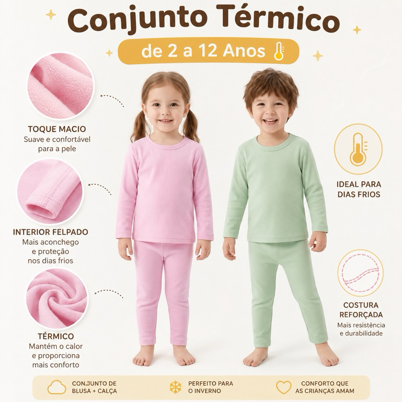 Pijama- Conjunto Térmico Flanelado Tecido Pele de Pêssego Calça E Blusa 2 a 12 Anos