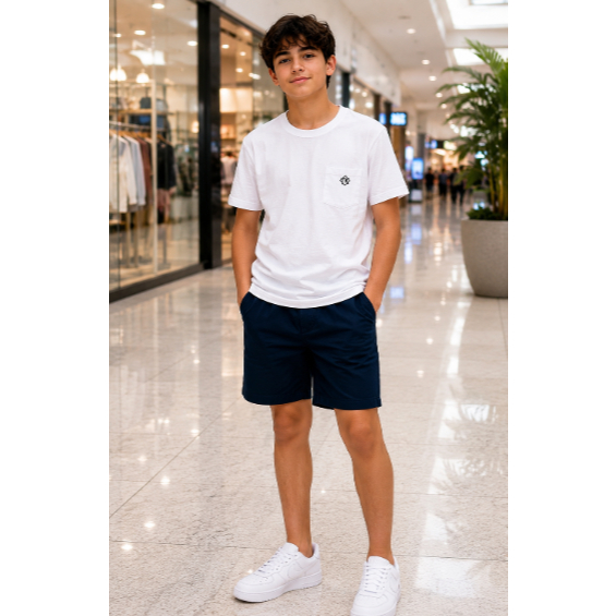 Conjunto Infantil Masculino Juvenil Camiseta Branca + Bermuda Caqui Moda Verão Casual Confortável Estiloso 8 ao 14