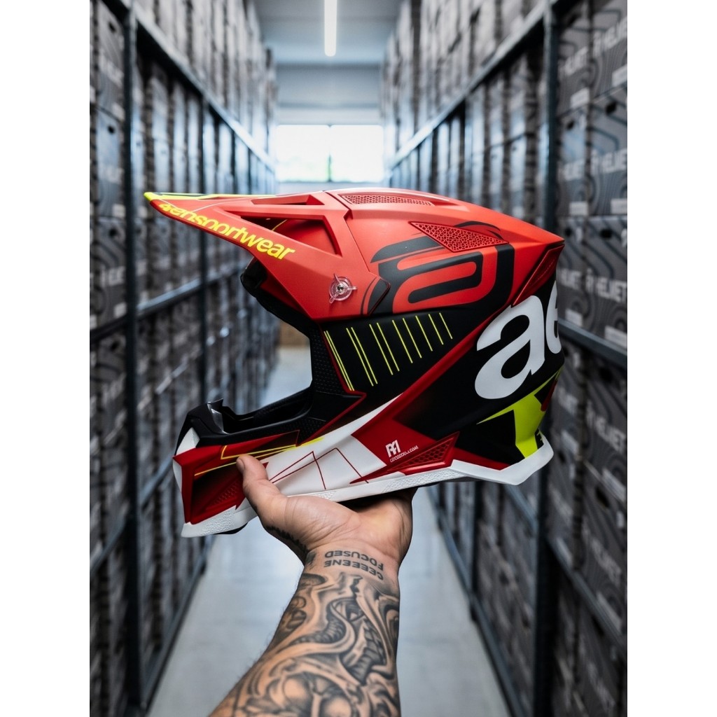 Capacete Asw Motocross R1 MIPS Prisma Vermelho Amarelo
