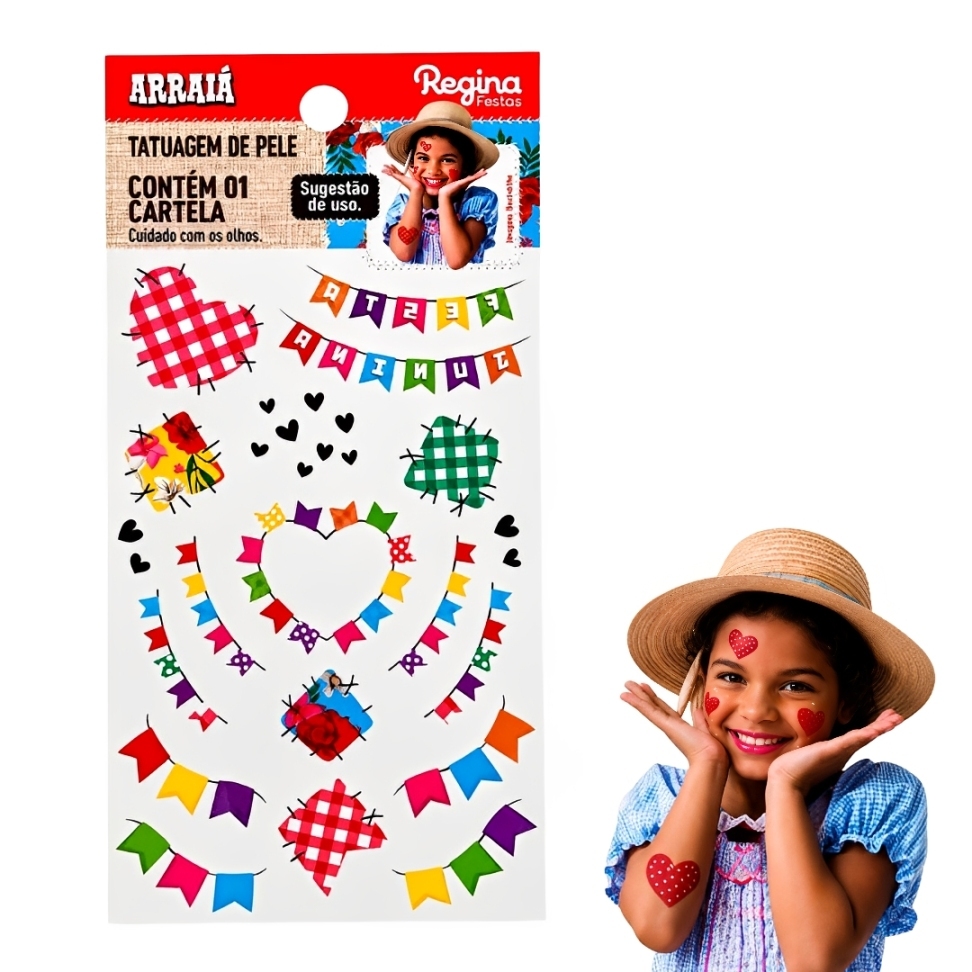 1 Cartela Tatuagem Temporária Festa Junina Infantil Menina Arraiá São João Tattoos Regina